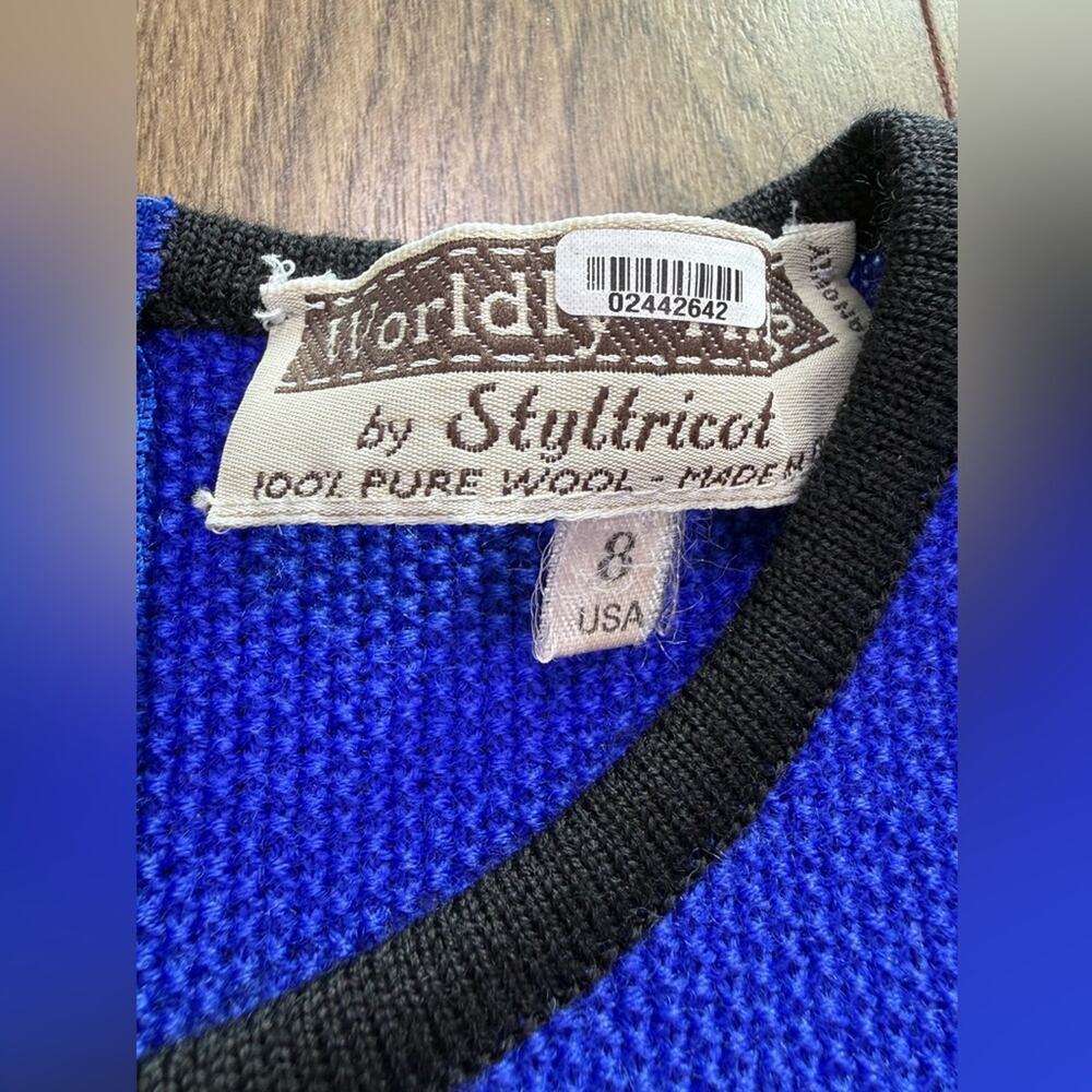 Vintage Worldly Things Styltricot Wool Sweater Jacket Blue Gold Lion Buttons 8 - Picture 10 of 14